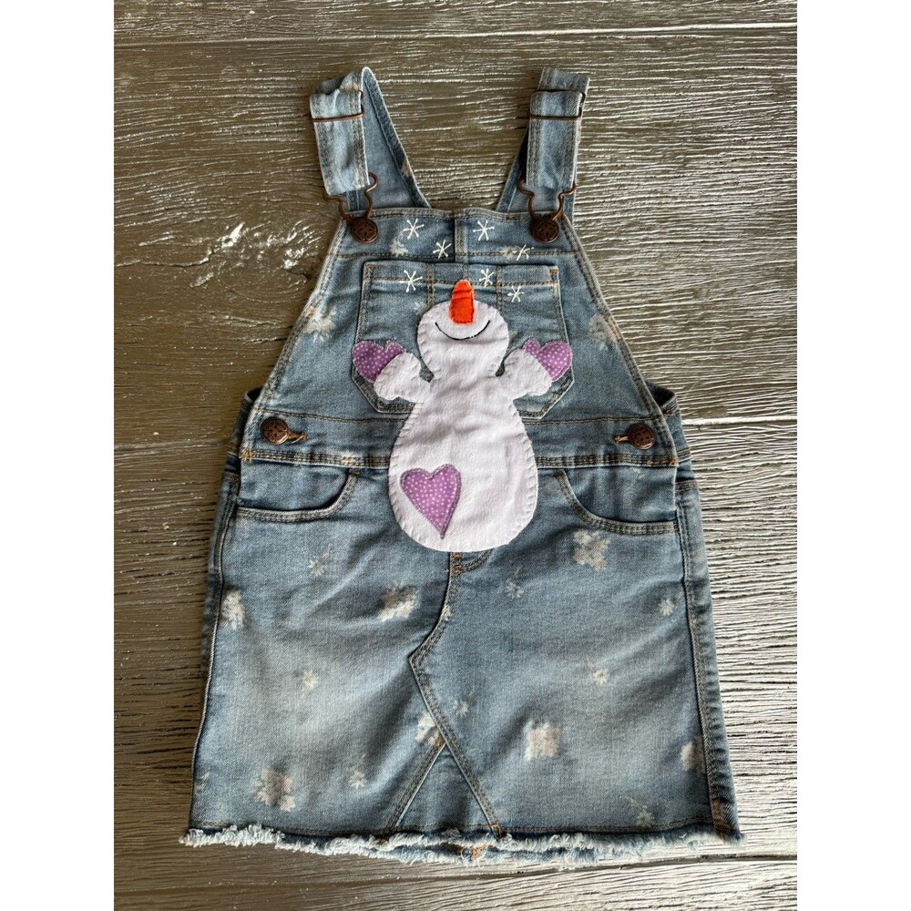 OshKosh B’gosh Girls 3T Denim Snowman Overall Jumper Dress Winter Applique